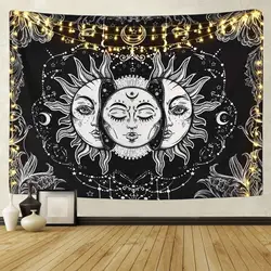 Custom New Boho Black Moon Sun Star Pattern Print Home Decor Background Fabric Blanket Hanging Tapestry For The Living Room Wall
