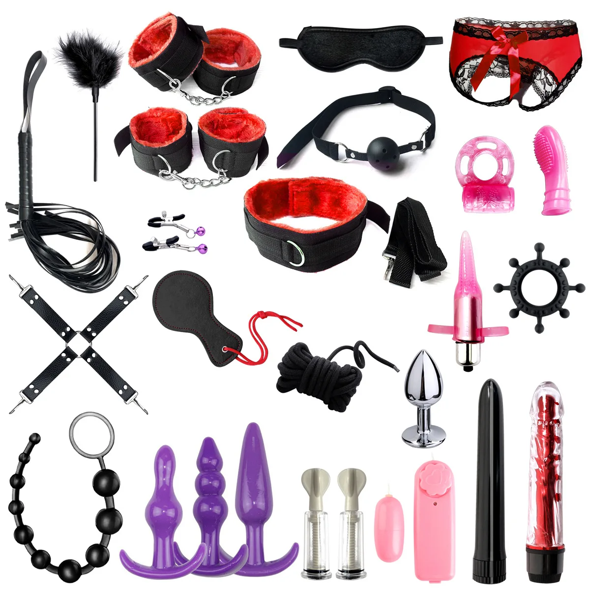 26pcs Bondage Kit For Couple Beginners Bondage Sm Slave Passion Fetish Bed Restraints Bdsm Handcuffs Gag Mask Whip Collar Sex