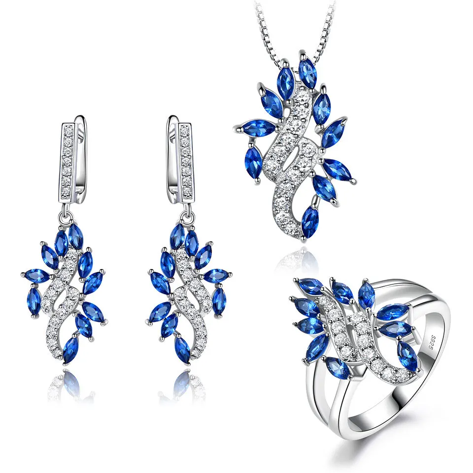 S925 silver female sapphire leaf wild diamond pendant earrings ring three-piece jewelry necklace sets for women