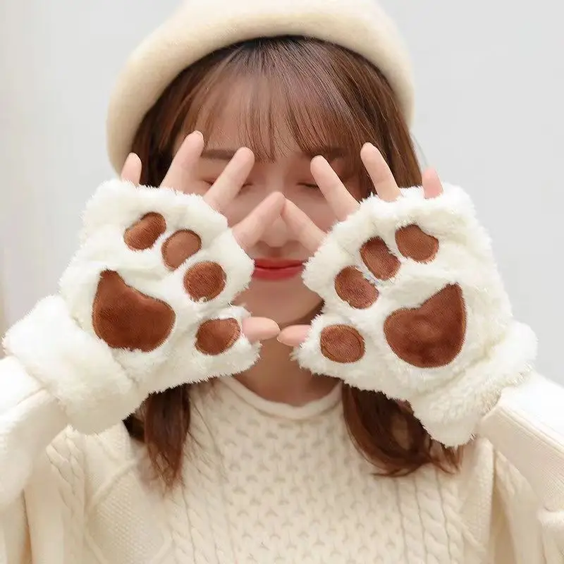 Hot Sale Winter Women Animal Paw Fingerless Fluffy Bear Plush Paw Mittens Women Novelty Soft Gloves New Year Cat Paw