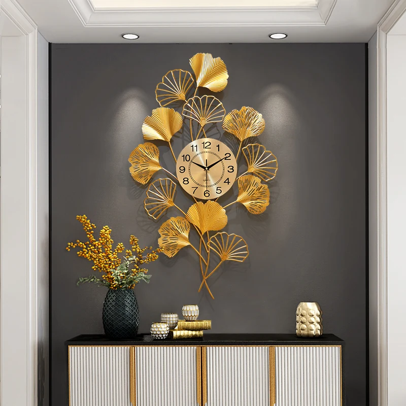 Creative New Chinese Wall Pendant Living Room Wall Watch Light Luxury Decoration Ginkgo Wall Decoration Clock
