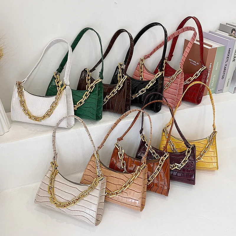 11 Colors Ladies Crocodile Pattern Zipper Handbag Shoulder Bag PU Leather Chain Handbag.