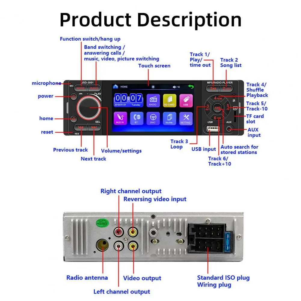 3001 4inch Car MP5 Player Touch Screen Blue-tooth Colorful Lights Multi-media Player for Vehicles U disk card machine 3001