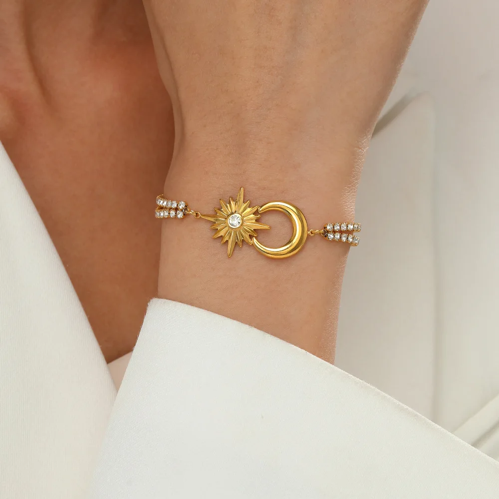 Crescent Moon Star Sparkling Crystal Chain Bracelet for Women Stainless Steel Dainty High Quality Bangle Jewelry(BL141)