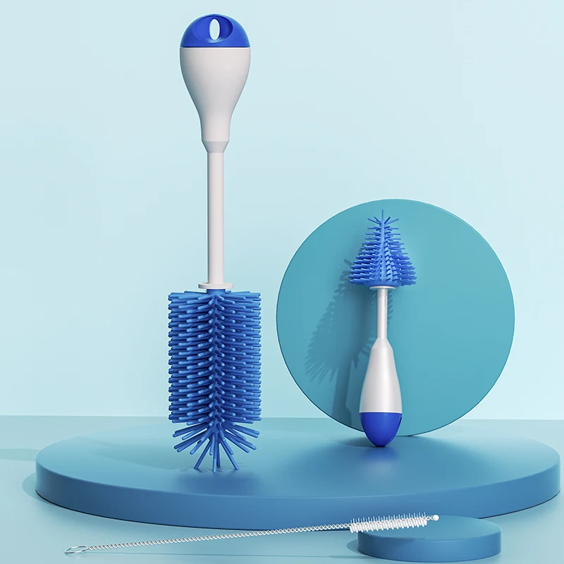 3 in 1  Straight Hilt Rotary Silicone Baby Milk Feeding Bottle Nipple Straw Cleaning Brush Set