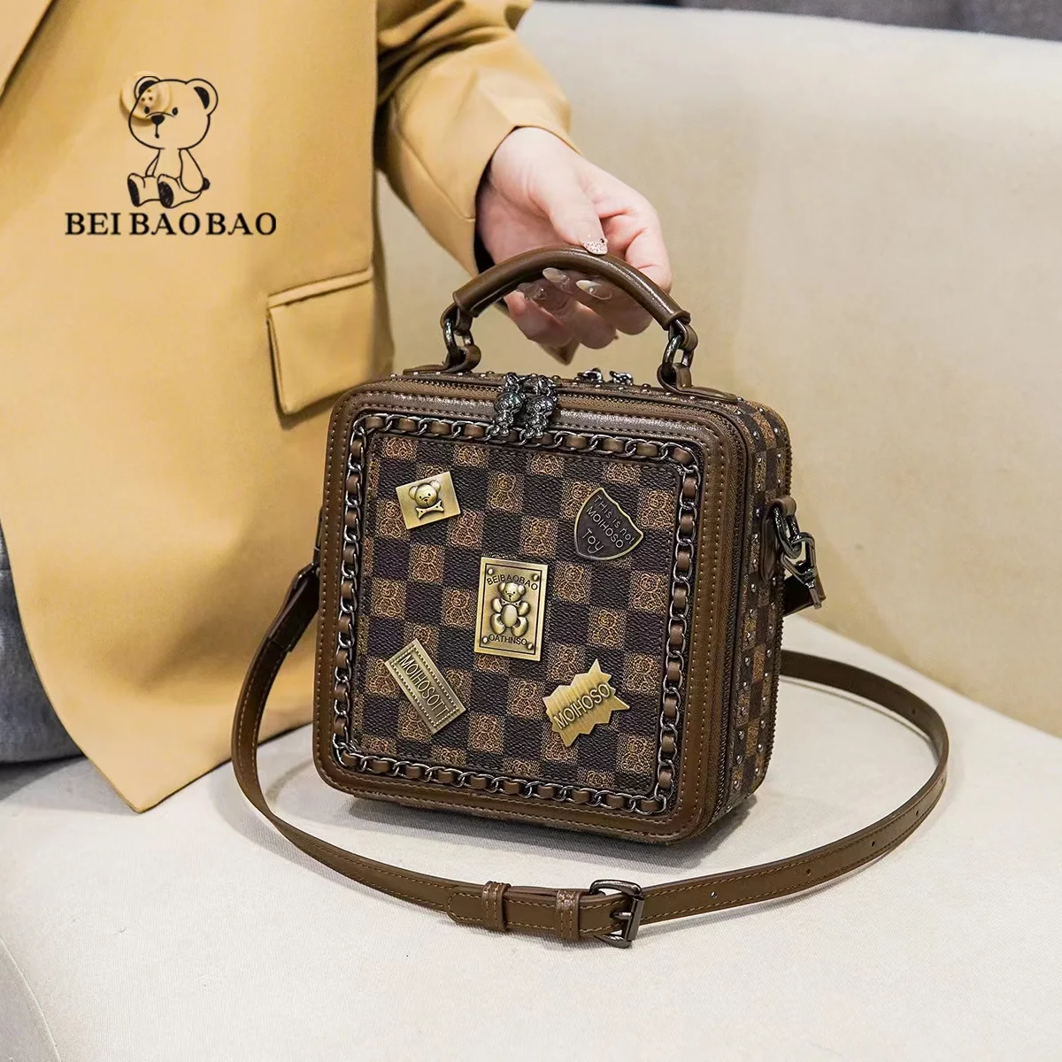 factory hot Summer new High quality vintage square Bucket Bag PU Printed Wide shoulder strap Designer brand women crossbody Bag