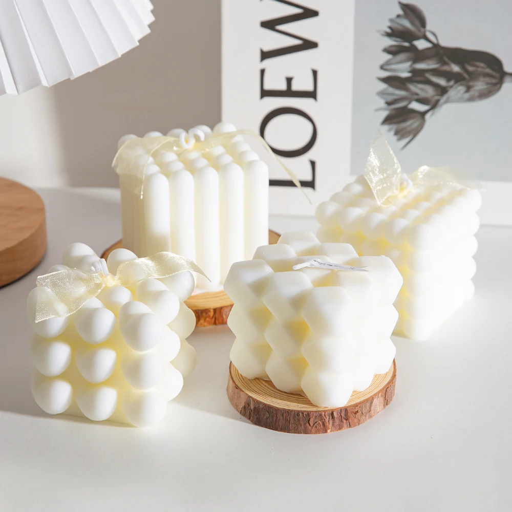 New Decorative Handmade Scented Aromatherapy Beige Aesthetic White Bubble Cube Candle For Home Office Trendy Room Decor
