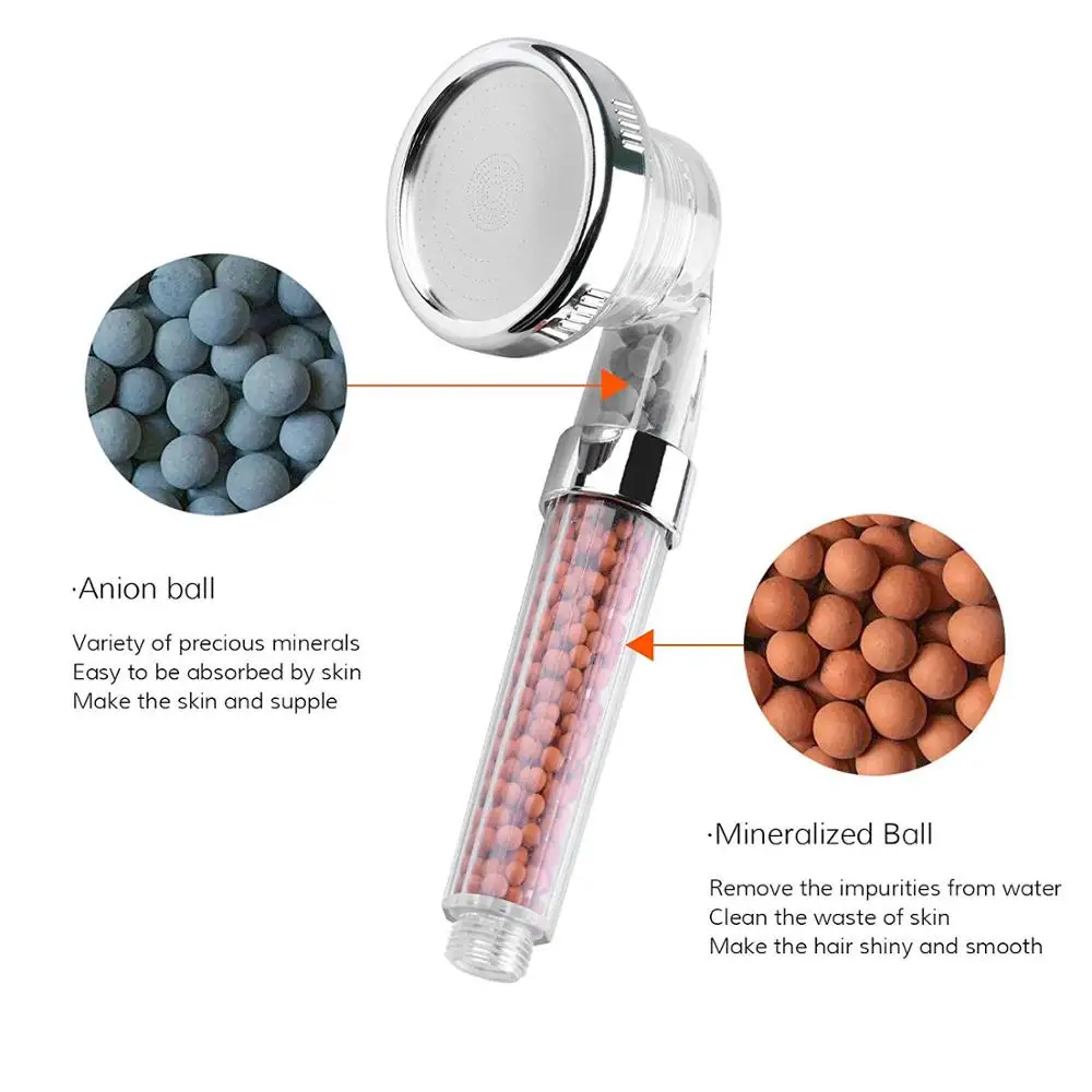 High Pressure Showerhead with 3 Setting, Water Saving and Stone Filter Beads Handheld Shower for Dry Hair and Skin Spa
