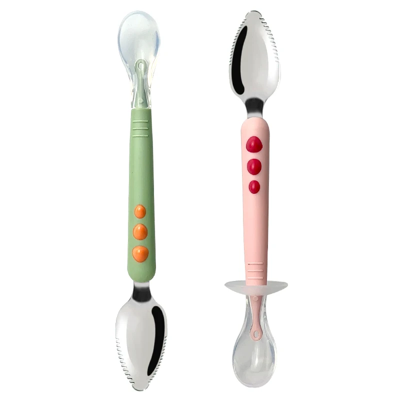 2024 Baby Fruit Scraping Spoon Stainless Steel with Double-Ended Soft Silicone BPA Free Food Grade Feeding Product