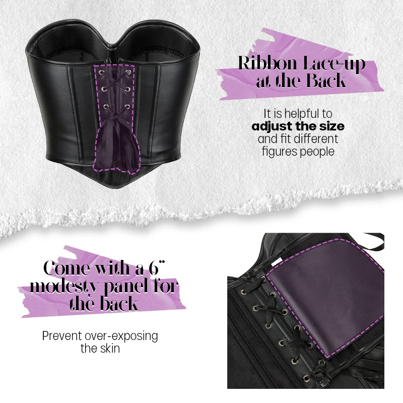 Ladies Black Waist Cincher Trimmer Body Shaper Belt Pu Leather Overbust Corset Tops Up Strapless Boned Body Shaper Bustier Top