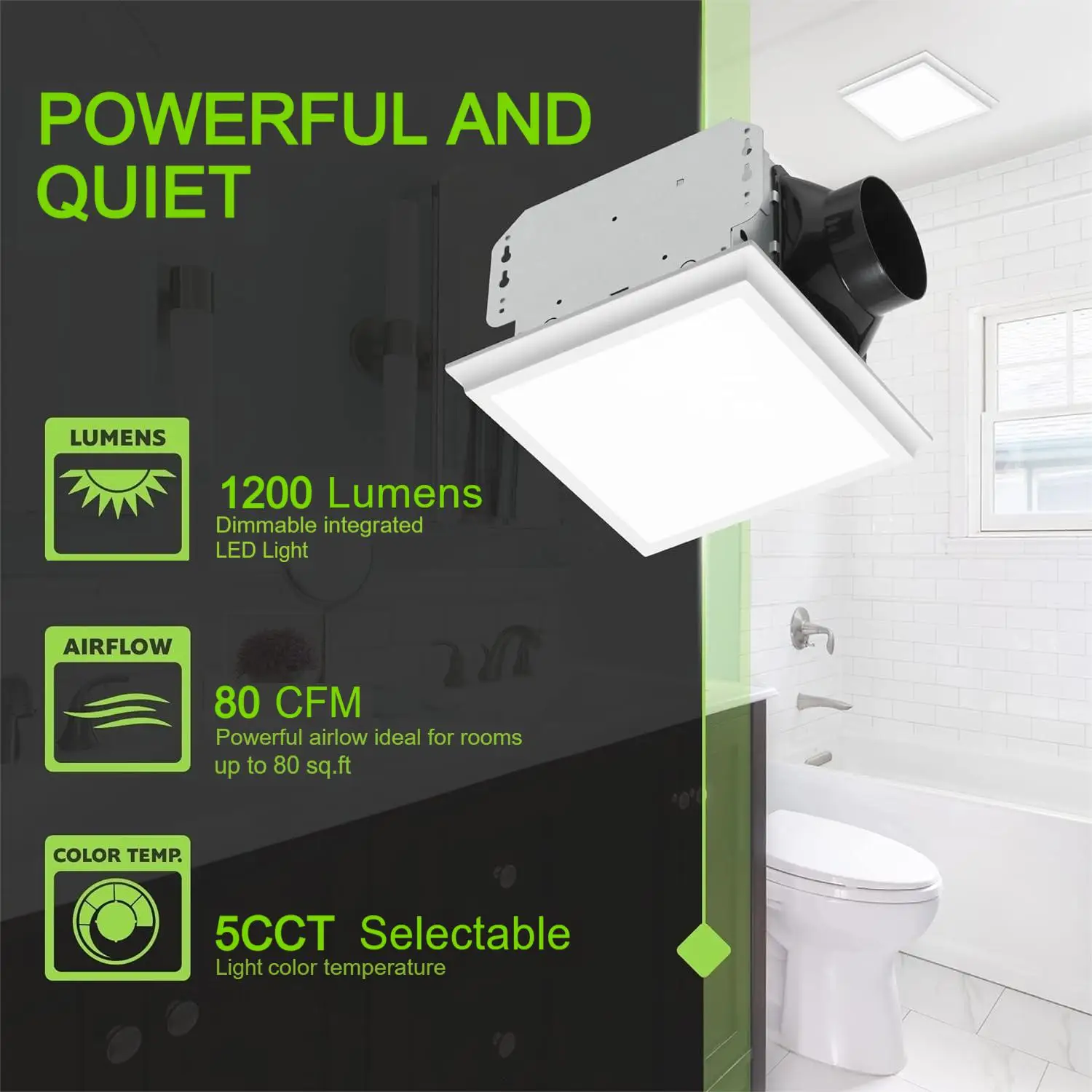 Bathroom Exhaust Fan with Light 8 Inch 120VAC 80CFM AC Motor 20W 5CCT Selectable 15W for the light 1200lm Dimmable ETL Certified
