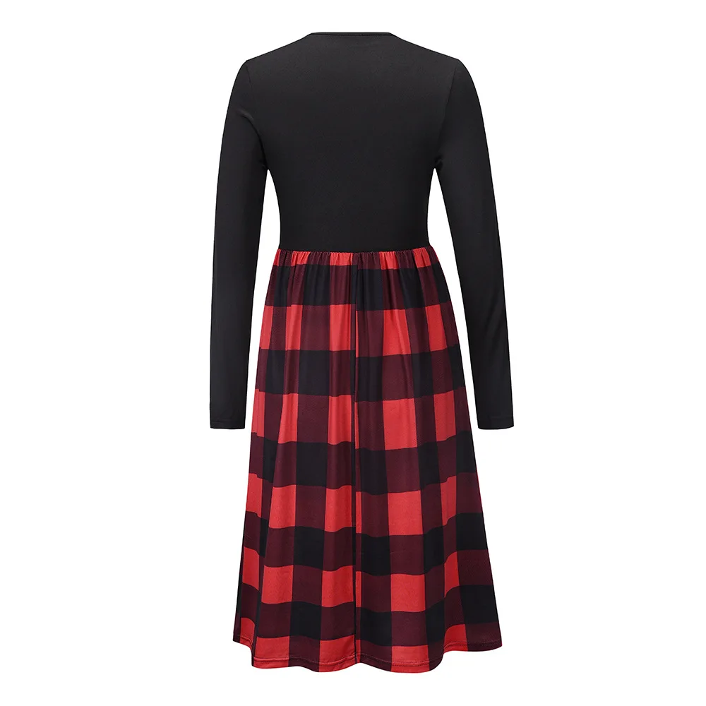 2021 Autumn O-neck Long Sleeve Scotch Dress Women Red Plaid Dress Womens Formal Dresses Elegant