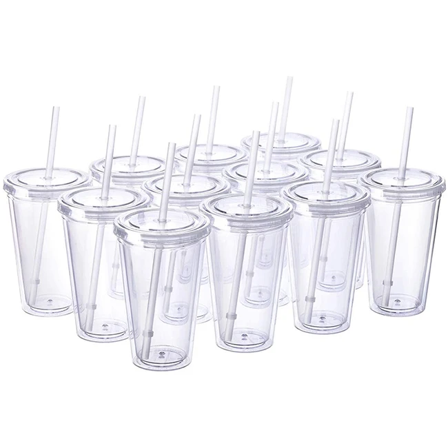 
16oz Reusable Travel Ice Coffee Mugs Double Wall Insulate Clear Plastic Tumblers With Straw And Lid In Bulk 