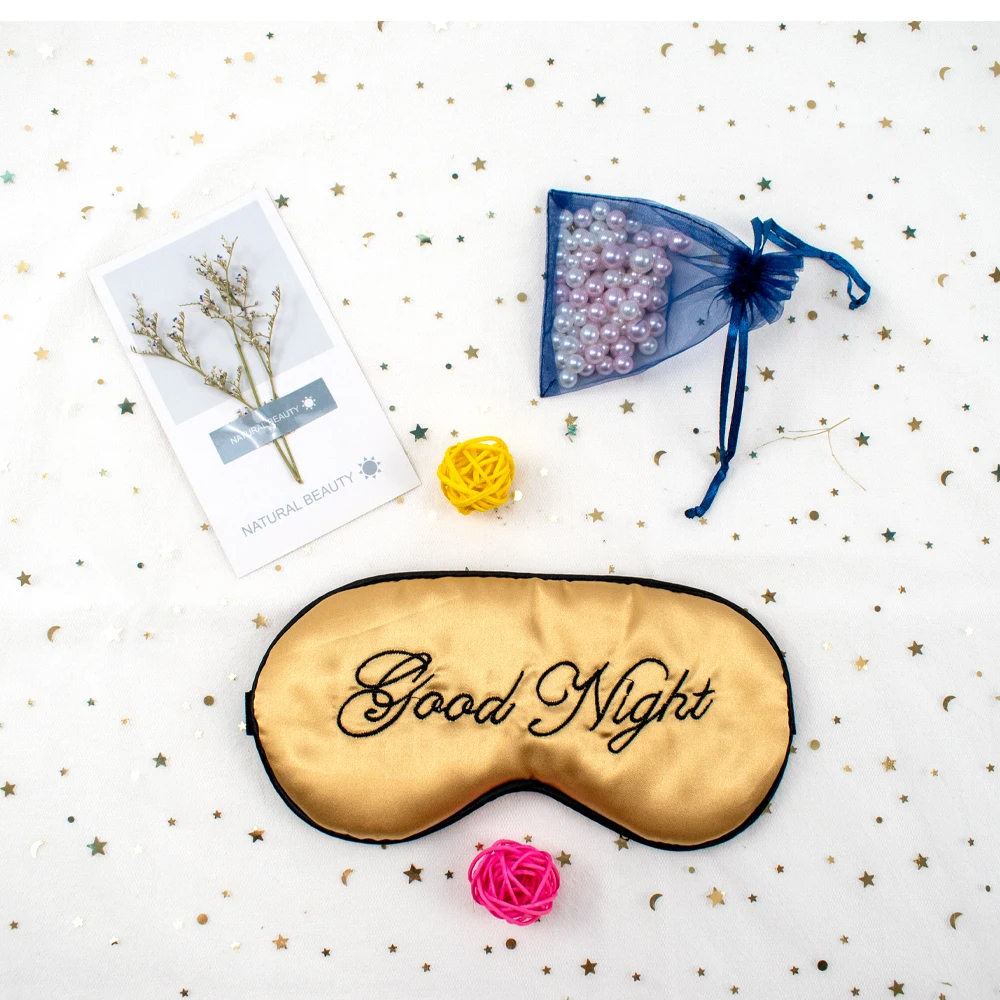
embroidery good night sleep adjustable eye mask with different colors imitated silk eye cover for hotel 