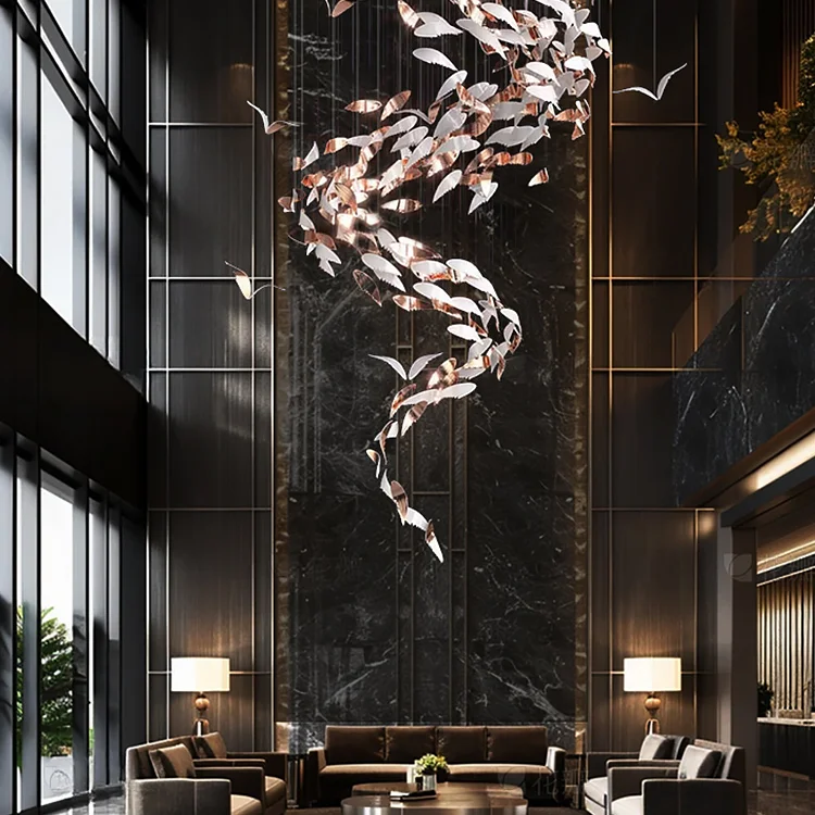 Custom popular style hotel art large feather chandelier for staircase long villa hanging light