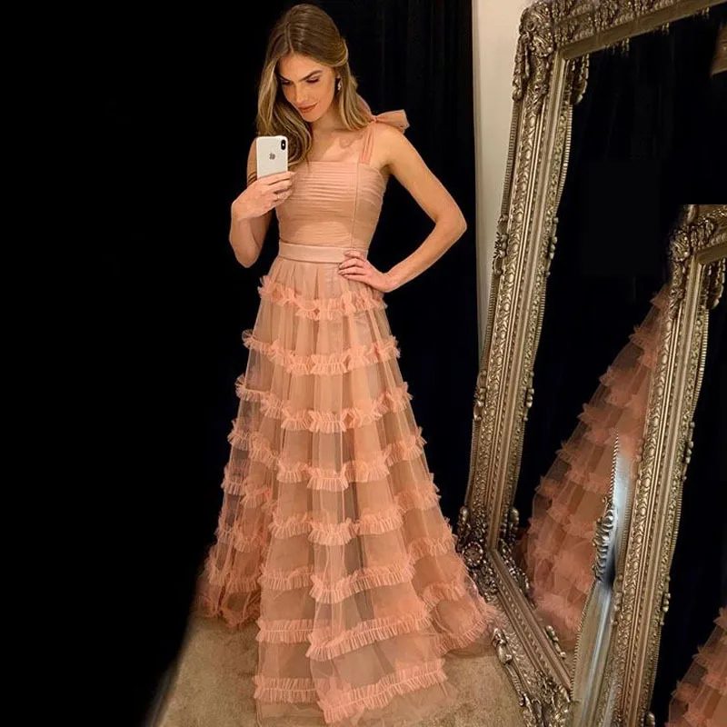 Romantic ladys evening dress Spaghetti Strap Bows prom dress lace mesh ball gown party dresses for girl