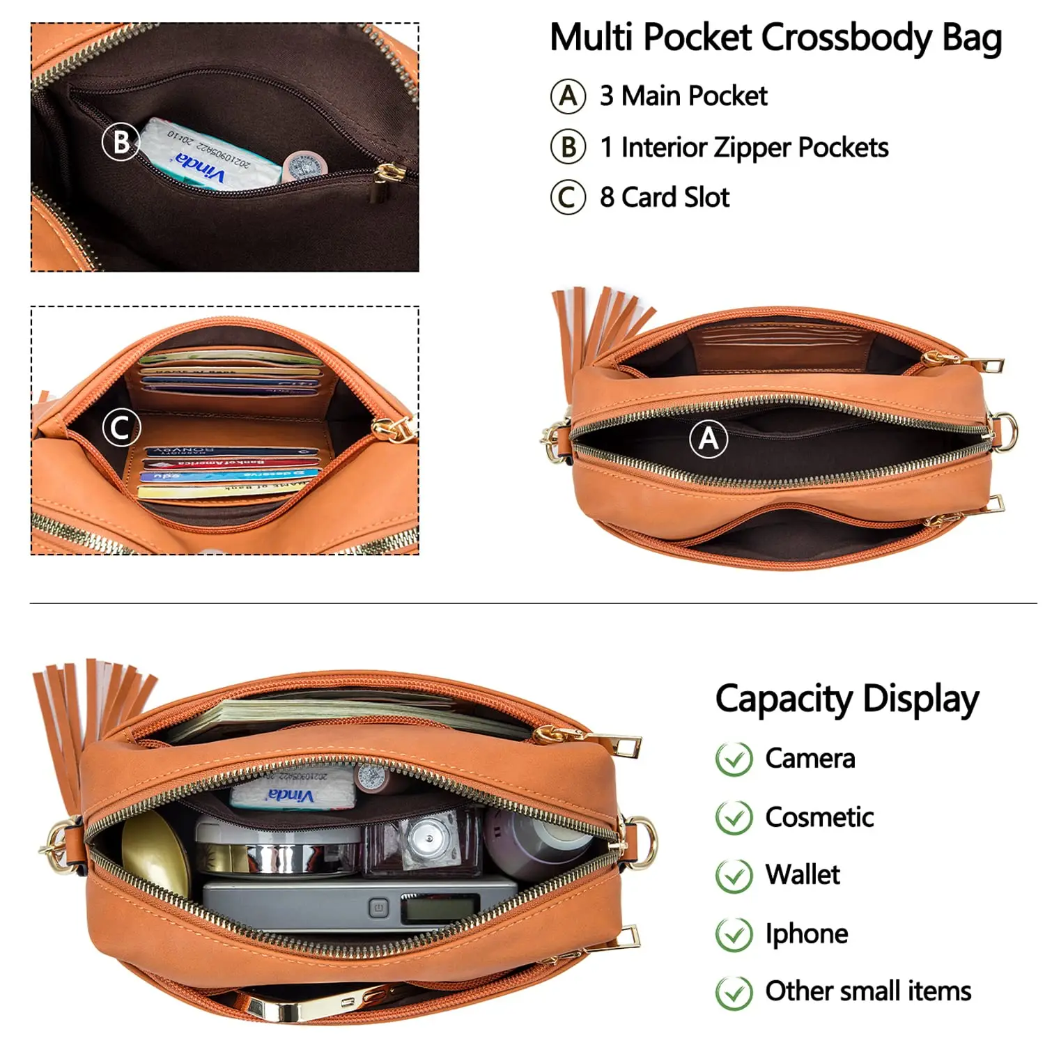 Triple Zip Small Crossbody Bag for women Wide Strap Cell Phone Purse Shoulder Handbag Wallet with Credit Card Slots