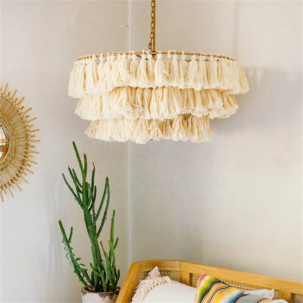 Biumart 3 Tier Tassel Chandelier Hand Weaving Rope Hanging Lamp Office Pendant Modern Lamp for Shop