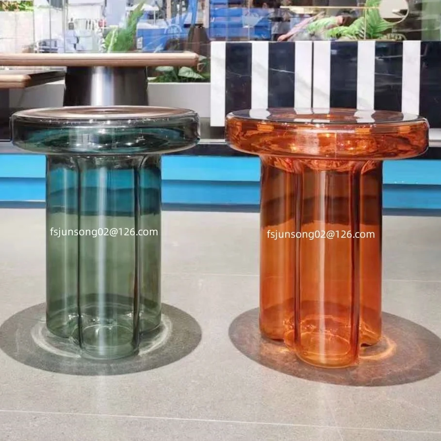 JS A46B Hot Sale Colorful Glass Coffee Table Hollow Round Side Table For Hotel Salon Decor Foshan Wholesale Glass Furniture