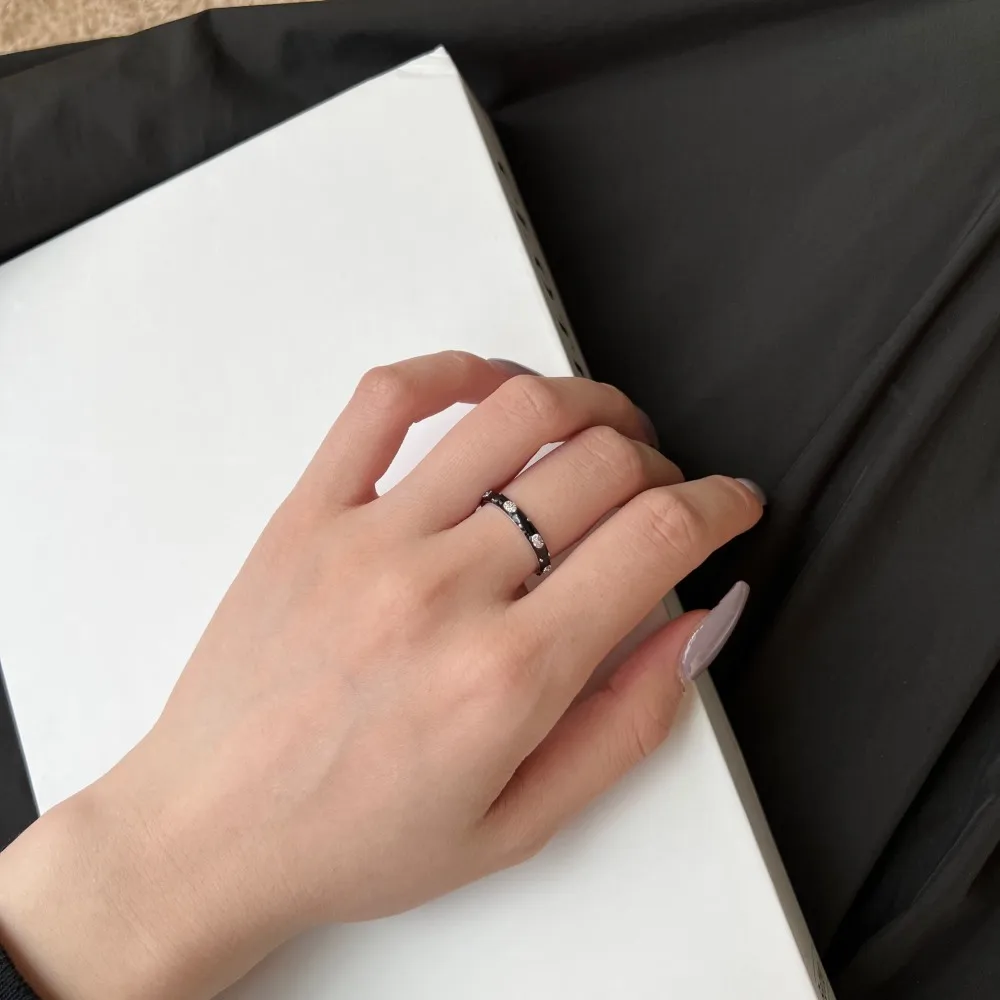 Dylam Stylish 925 Sterling Silver Non Tarnish Rhodium Plated 5A Zirconia Jewelry Black Enamel Diamond Jewellery Rings for Women