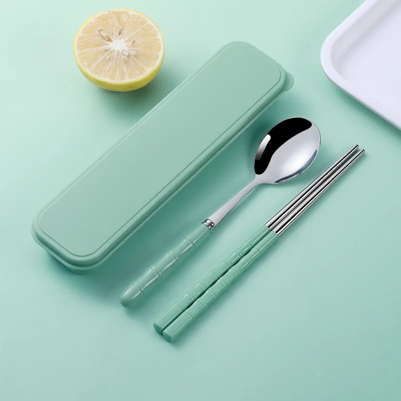 2 in 1 outdoor portable stainless steel spoon fork chopsticks set with pp box travel cutlery for school