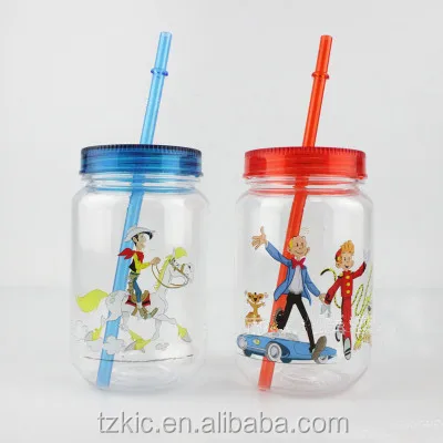 Plastic To Go Mason Jar with Lid and Straw Perfect as Party Cups, Kids Travel Cups