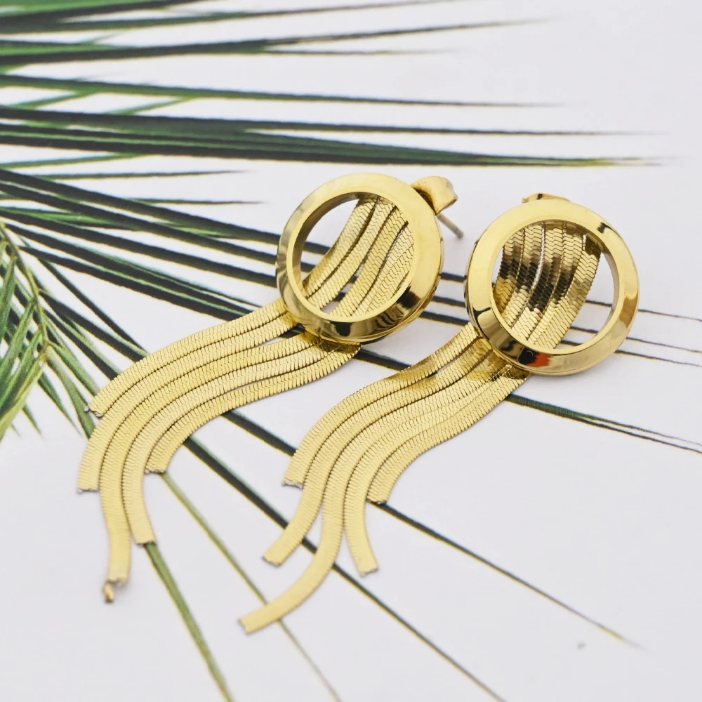 Fashion Minimalist Hypoallergenic Stainless Steel 18k Gold Plated Round Snake Chain Long Tassel Earrings Women Jewelry