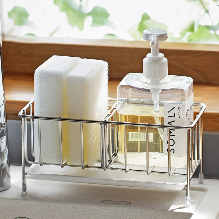 Adjustable Sink Storage Caddy Stainless Steel Kitchen Sponge Holder With Water Tray