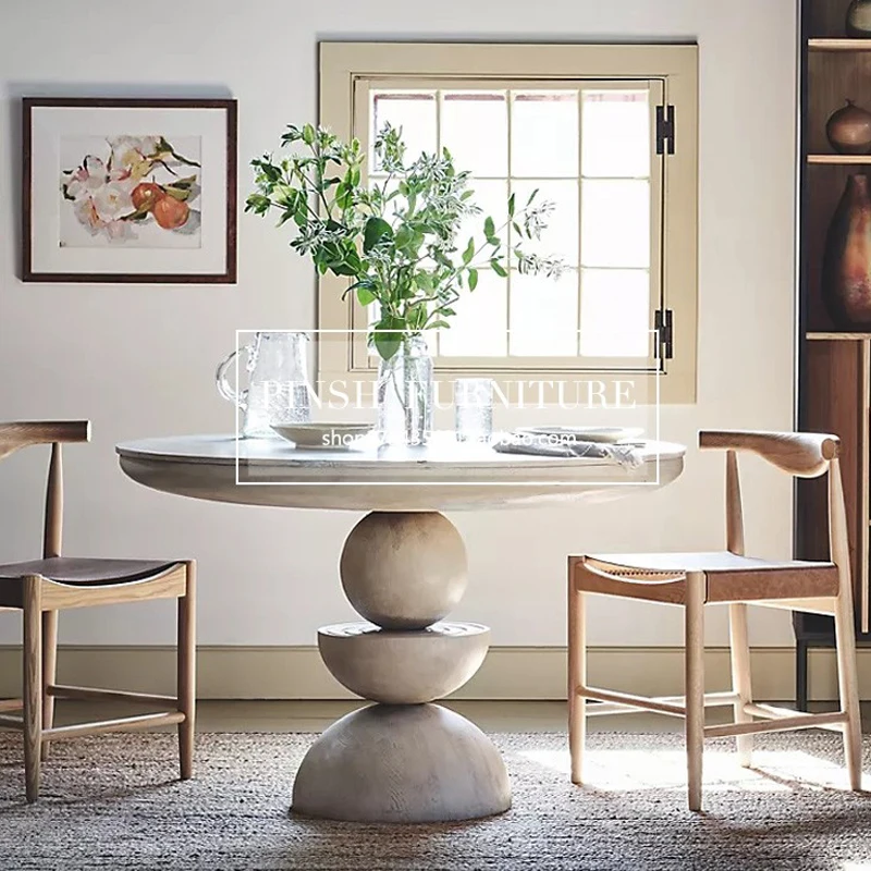 French vintage white solid wood dining table American oak carved round dining table for six people custom dining table