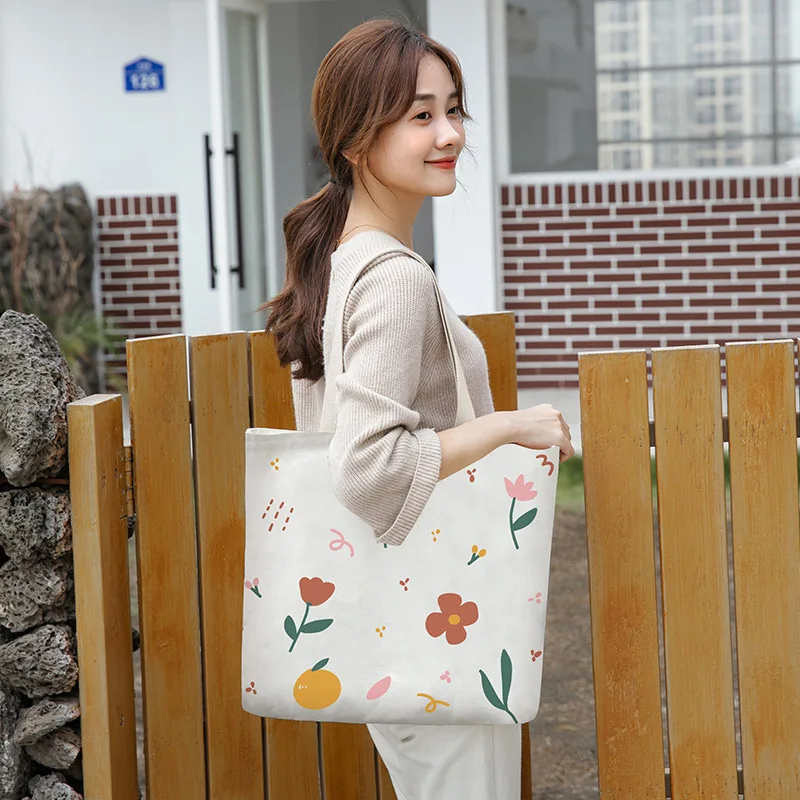 Color Printing Double-sided Canvas Tote Bags Reusable Cotton Linen Shopping Grocery Storage Handbags