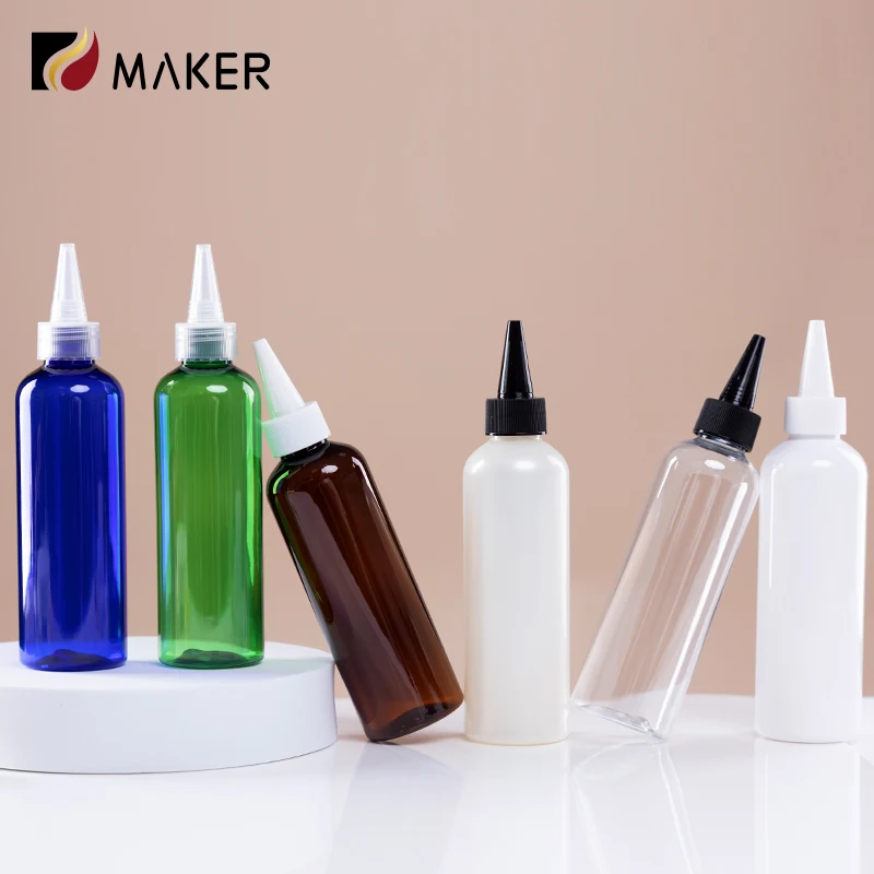 Plastic Hair Oil Squeeze Applicator Packaging Tip Bottle Empty Clear PET Cosmetic Lotion Dispenser Bottle With Twist Top Cap