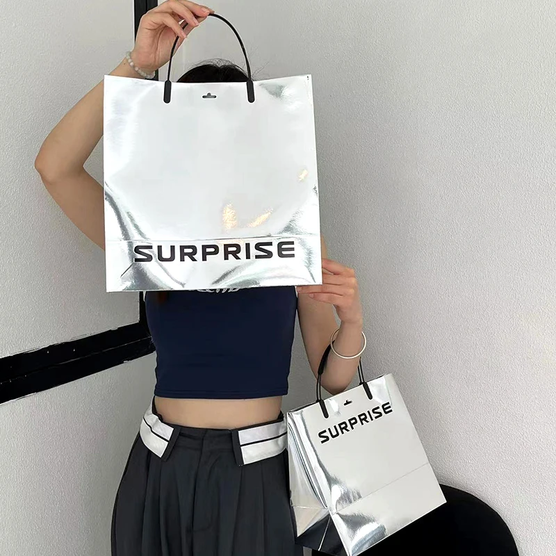 Personalized Custom Reflective Silver Art Cardboard Paper Bag with Debossed Silver Foil Logo Print
