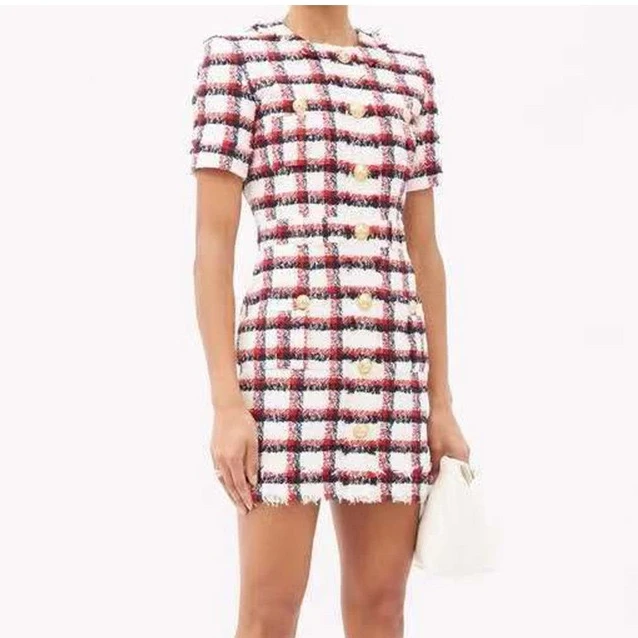 Custom plaid short sleeve high quality ladies casual midi dress bodycon fitting tweed woman elegant midi dress