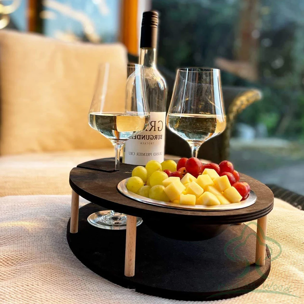 New Design Round Wood Sofa Snack Caddy TV Tray with 2 Red Wine Glass Holder Bed Snack Tray Couch Cup Holder