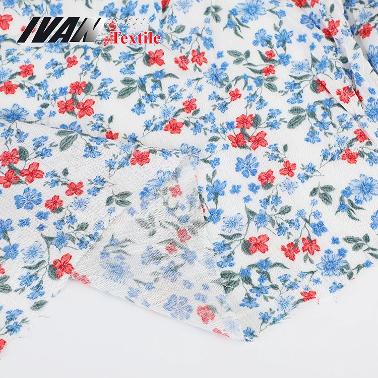 Summer vintage breathable lady dress printed small flowers woven crepe rayon fabric