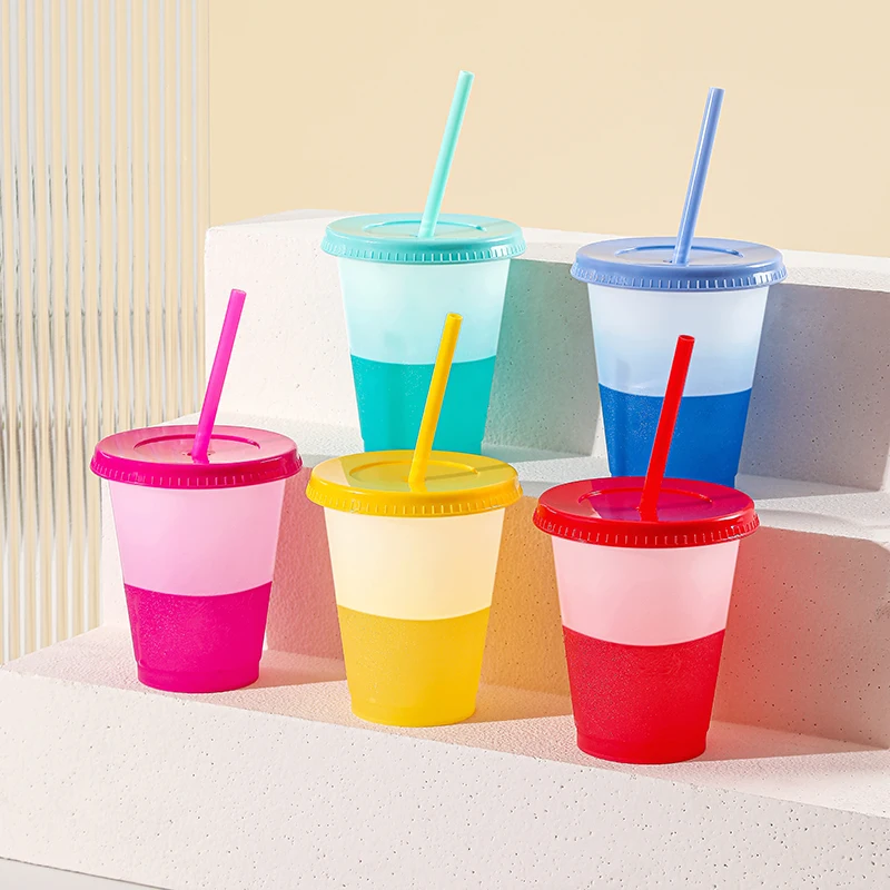 16oz Small Cute Reusable Plastic Travel Cups Coffee Tumbler Ice Cold Water Color Changing Cup With Lids and Straws