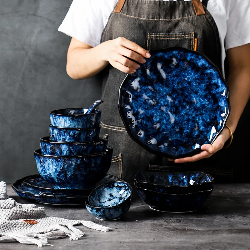 Household creative simple style ceramic porcelain dinnerware plate dish bowl set reactive glazed blue colors dinner set