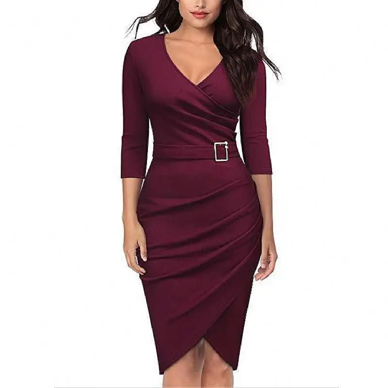 Custom Sexy Women Fashion Spring Autumn Dress Solid color Seven Sleeve Casual Slim Pencil Party Evening Dresses