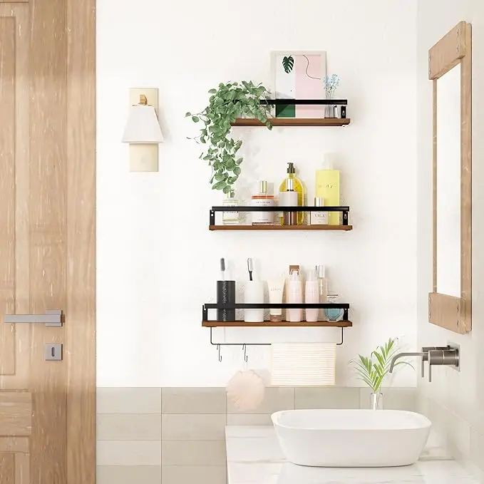 Floating Shelves with Metal Frame Wall Shelf Rustic Wooden Bathroom Shelf Over Toilet