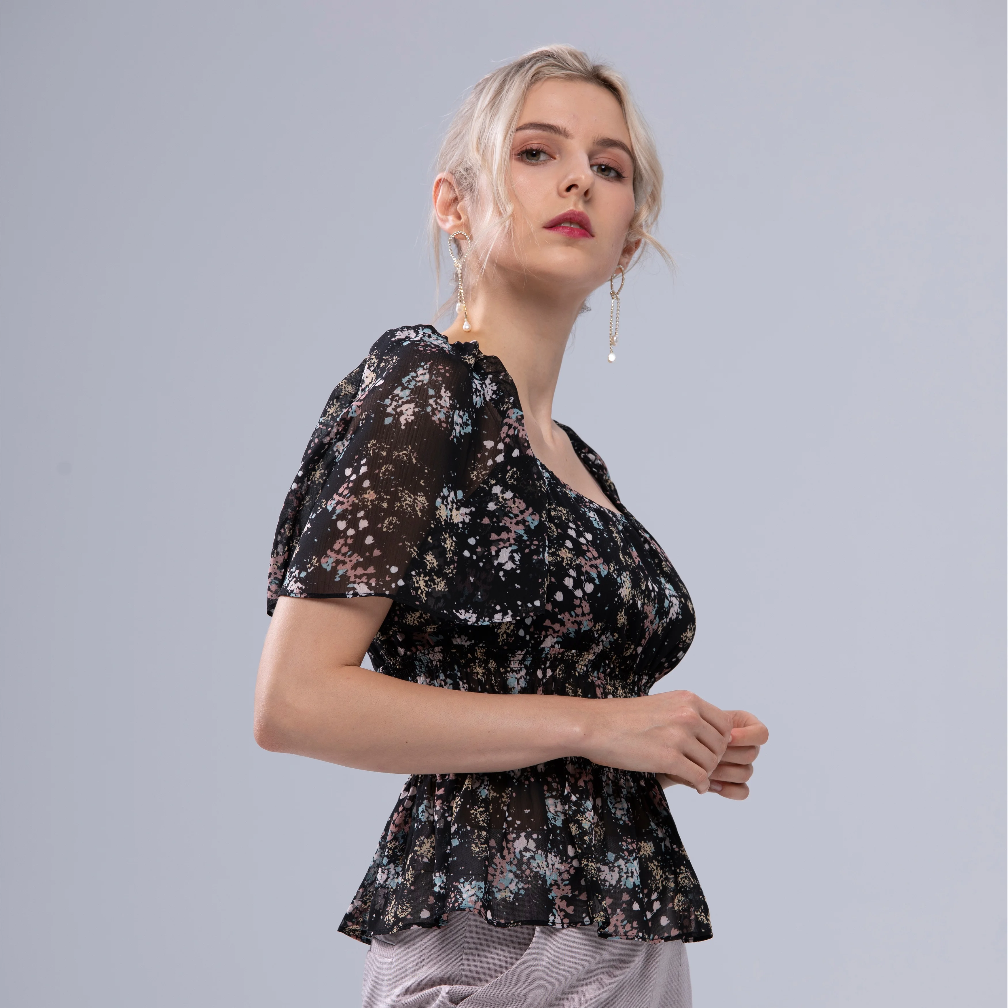 Ladies Trendy Casual Ruffle Sleeve Tops Women Fashion Chiffon Shirts Tops Blouse for Summer