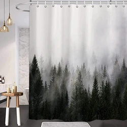 Fashional design misty forest logo waterproof polyester bathroom shower curtains with hooks