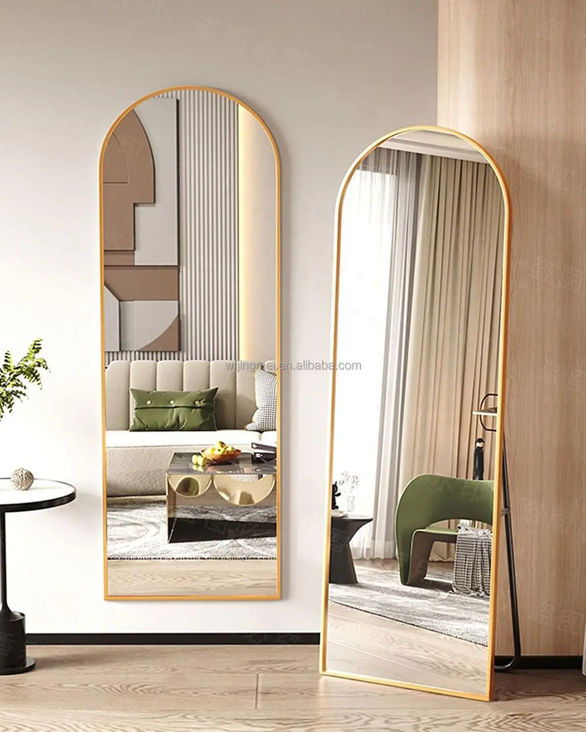 Aluminum Alloy Frame Floor Mirror with Stand, Large Bedroom Mirror Dressing Mirror, Free Standing or Leaning Against Wall, Gold