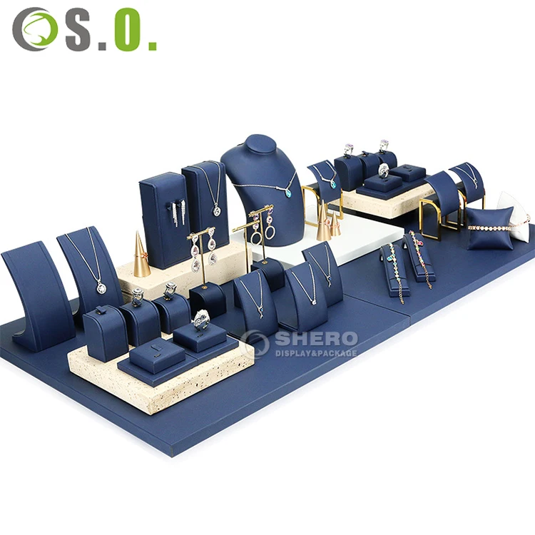 Customized Wholesale Brown Jewellery Stand Holder Velvet Suede Wood Metal Jewelry Display Set