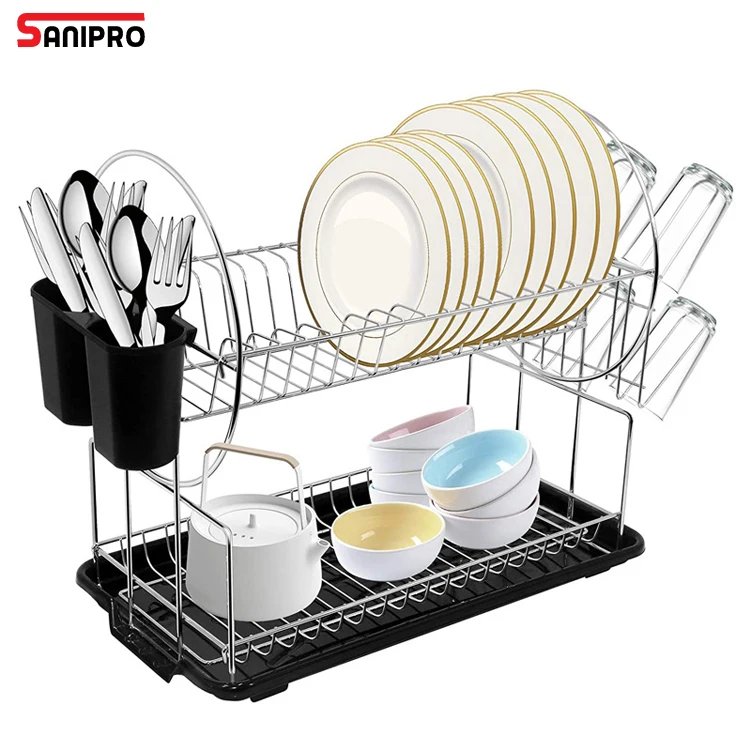SANIPRO Kitchen Counter Organizer Storage Racks Black 2-Tier Stainless Steel Dish Drainer with Utensil Holder and Drip Tray