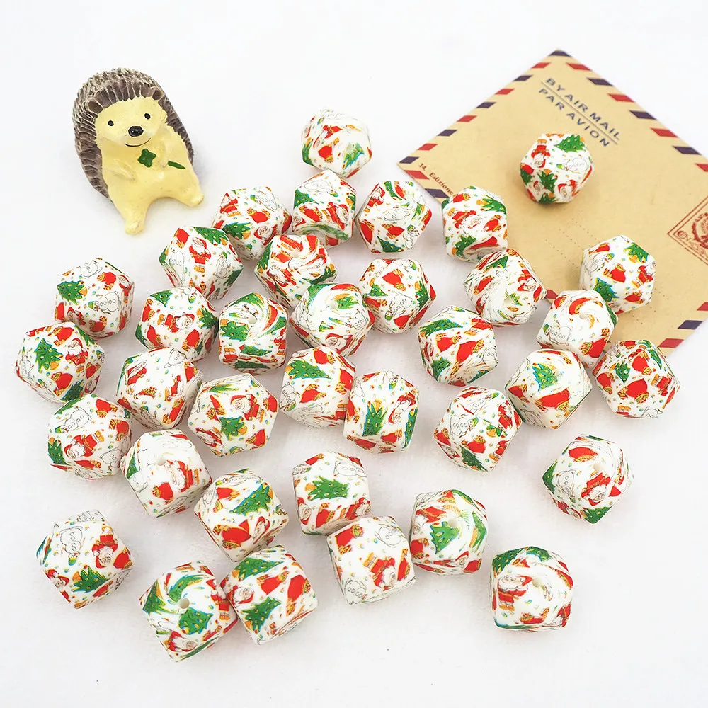 Hot 14mm Hexagon Christmas Print Bead Baby Teething Chew Necklace Charm DIY BPA Free Silicone Beads
