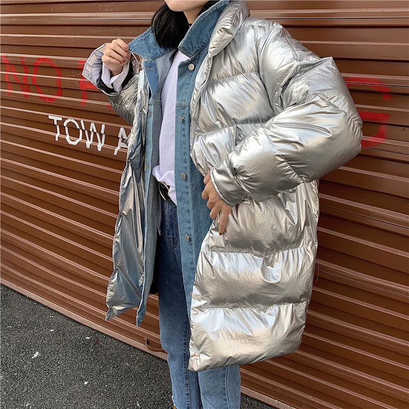 Fashion Winter Shiny Puffer Jacket Long Slim Warm Down Coat For Women