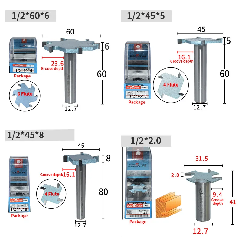 Tideway 4Flute 6Flute wood cutting tools 1/2 1/4 shank  T slot router bits  for wood woodworking
