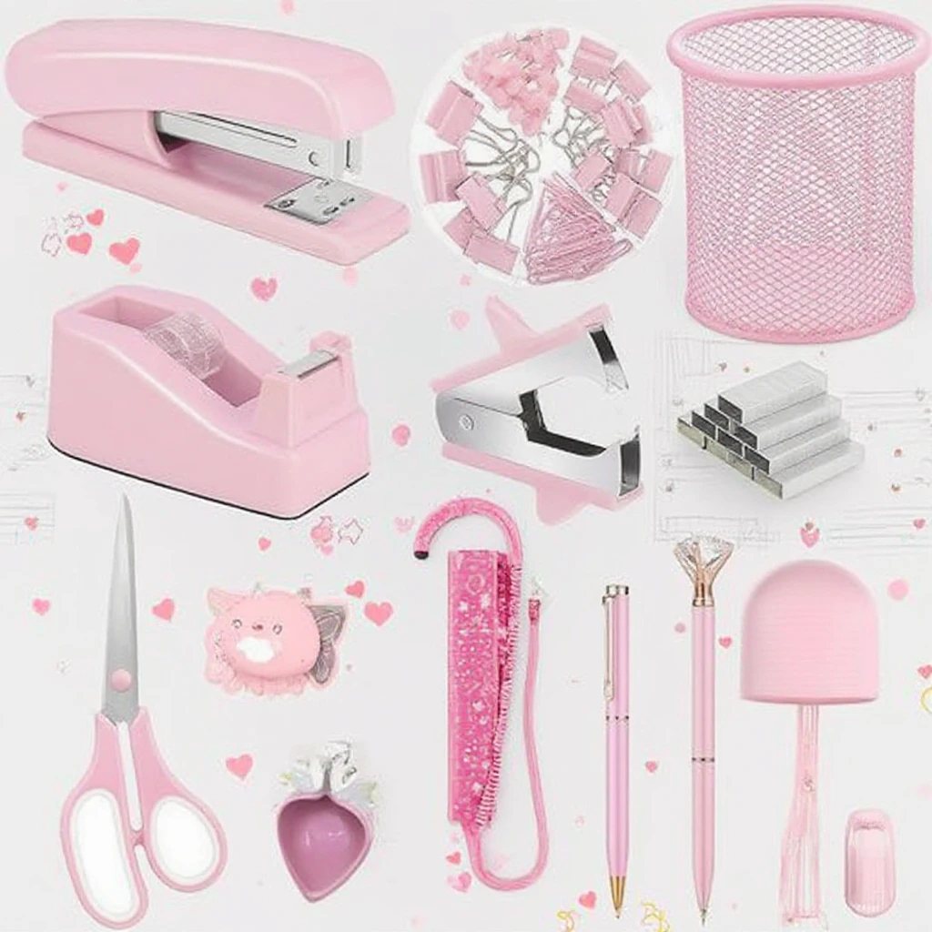 Multifunctional Pink Desktop Storage Rack Stapler Tape Scissors Holder Staple Stationery Set