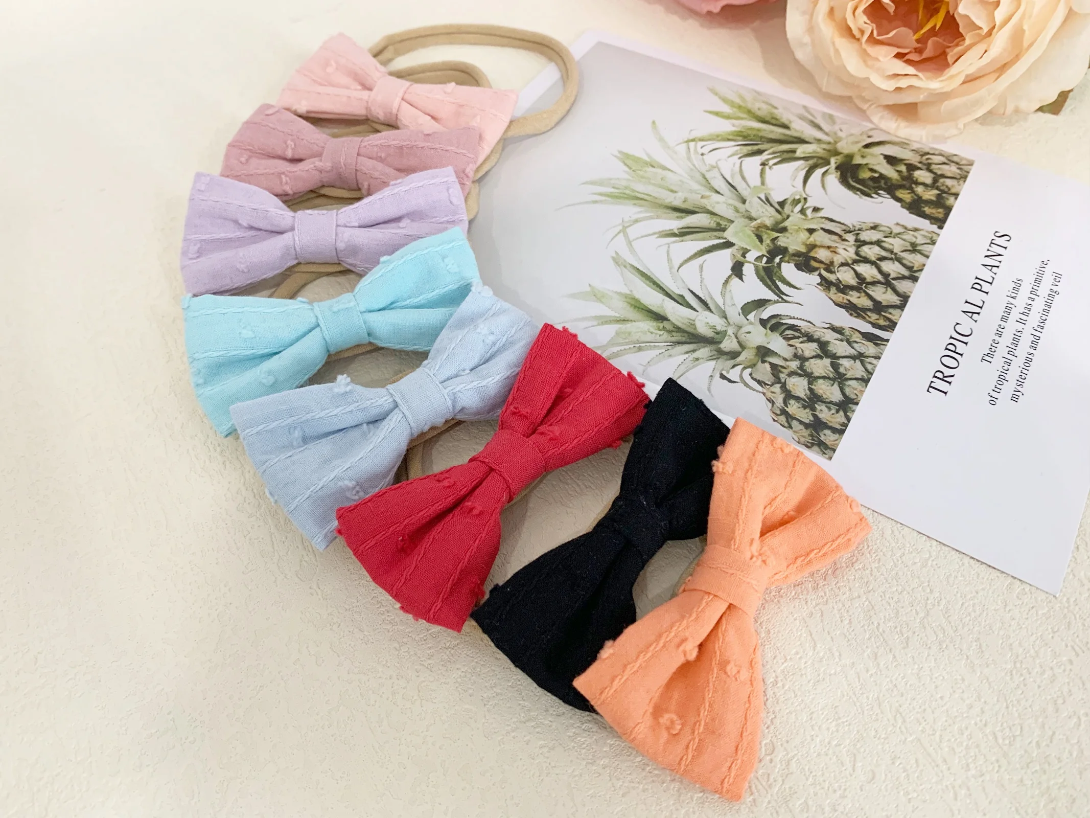 E-Magic sweet Custom set soft 8cm Handmade floral Cotton ribbon bow with hair rubber for girls woman hair accessory