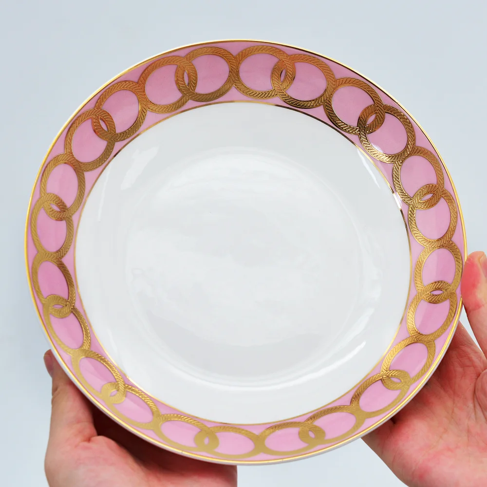 3-Piece Pink Bone China Porcelain Dinnerware Set with Gold Rim Classic Design Girlhood Dream Dishes for Girls